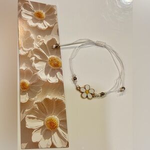 Delicate White Daisy Cord Bracelet with Gold Accent & Matching Bookmark